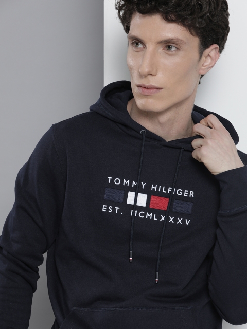 

Tommy Hilfiger Men Navy Blue & White Embroidered Organic Cotton Hooded Sweatshirt