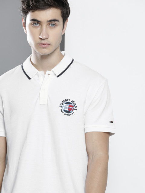 

Tommy Hilfiger Men White Embroidered Detail Polo Collar Pure Cotton T-shirt