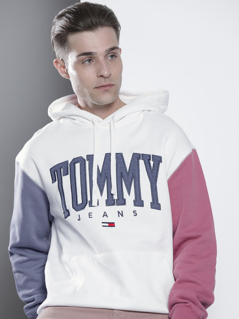 

Tommy Hilfiger Men White & Navy Blue Brand Logo Applique Hooded Sweatshirt