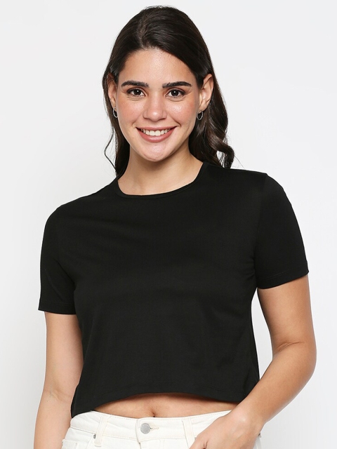 

20Dresses Women Black Solid Crop Pure Cotton T-shirt