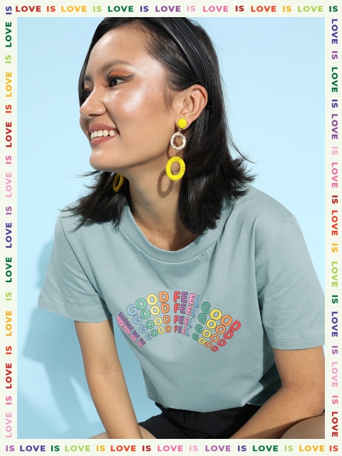 

HERENOW Women Blue Typography Talking Tee