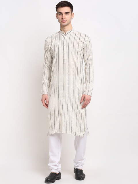 

Jompers Men Cream-Coloured Striped Pleated Pure Cotton Kurta with Pyjamas