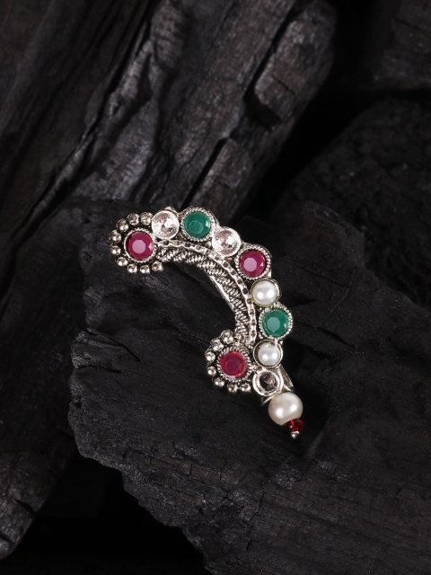 

JEWELS GEHNA Silver-Toned Red & Green Oxidised Stone-Studded & Beaded Marathi Nose Pin