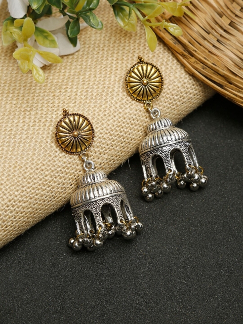 

NEUDIS Gold-Toned & Silver-Toned Silver Plated Dome Shaped Jhumkas Earrings
