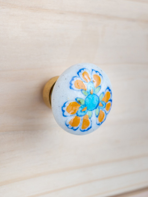 

Neerja White & Yellow Floral Jaipur Blue Pottery Handmade Cabinet Knob - Big