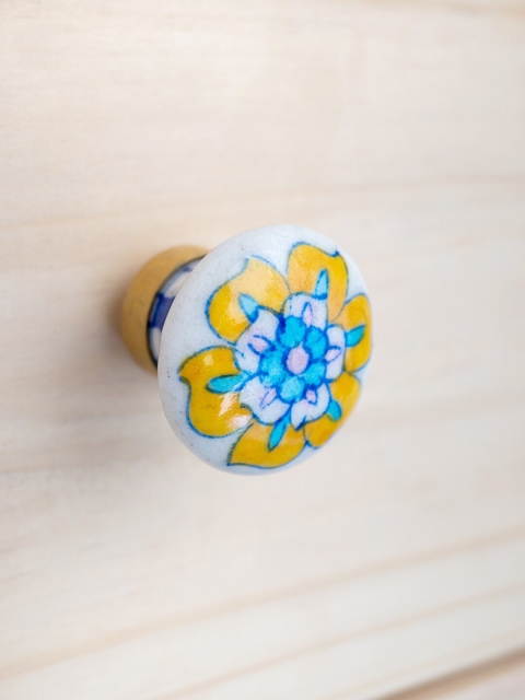 

Neerja White & Yellow Floral Jaipur Blue Pottery Handmade Cabinet Knob - Small