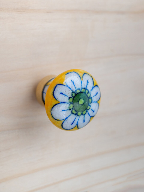 

Neerja Yellow & White Floral Jaipur Blue Pottery Handmade Cabinet Knob - Small