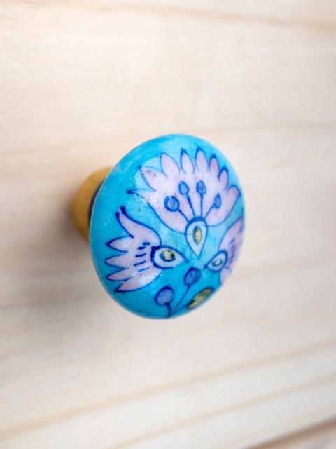 

Neerja Turquoise Blue & Pink Floral Jaipur Blue Pottery Handmade Cabinet Knob - Big