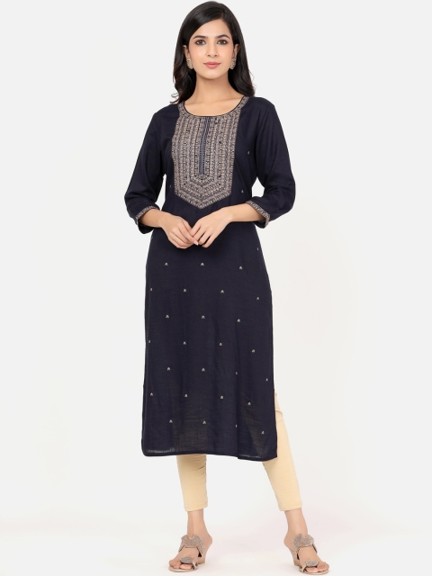 

PK Fashions Women Black & Navy Blue Floral Embroidered Mirror Work Floral A-Line Kurta