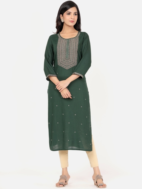

PK Fashions Women Green Yoke Embroidered Mirror Work A-line Kurta