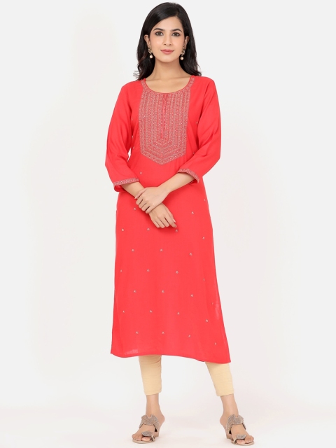 

PK Fashions Women Red Yoke Embroidered Mirror Work A-line Kurta