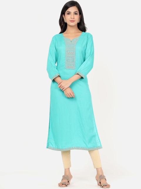 

PK Fashions Women Turquoise Blue Yoke Embroidered Mirror Work A-line Kurta