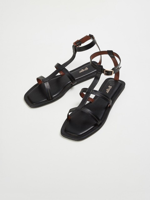 

Ginger by Lifestyle Women Black Textured Open Toe Flats with Buckles