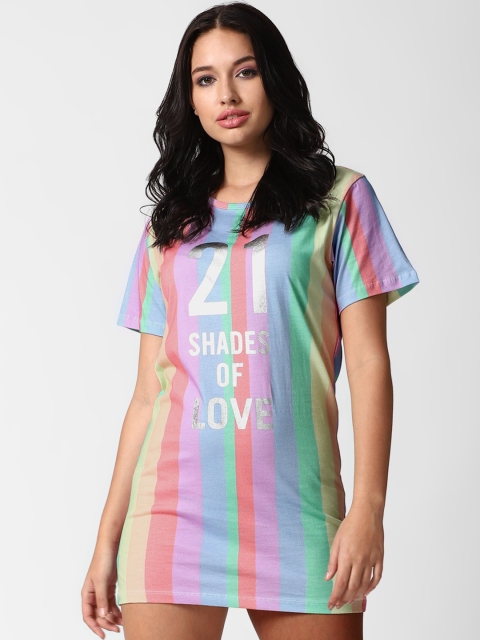 

FOREVER 21 Women Multicolour Striped T-shirt Mini Dress, Multi