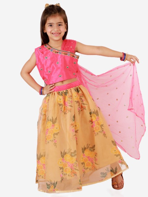 

KID1 Girls Pink & Orange Embroidered Thread Work Ready to Wear Lehenga & Blouse With Dupatta
