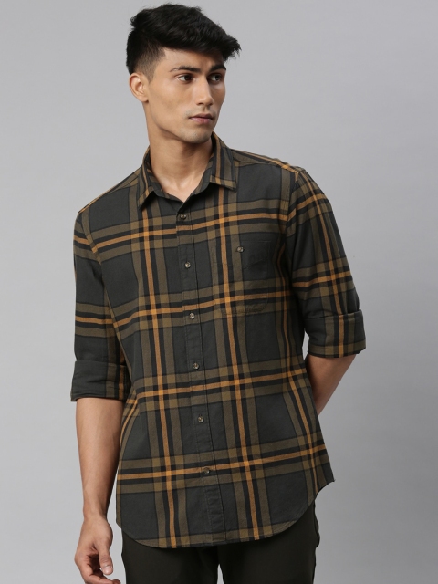 

RARE RABBIT Men Olive Green & Yellow Slim Fit Opaque Tartan Checked Casual Shirt