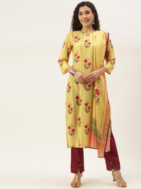

shiloh Women Yellow & Magenta Floral Printed Sequinned Kurta with Trousers & Dupatta