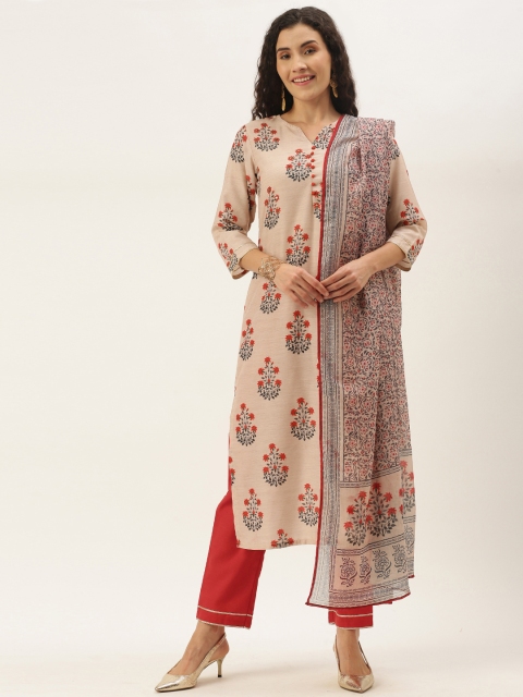 

shiloh Women Cream-Coloured & Orange Ethnic Motifs Print Kurta with Trousers & Dupatta