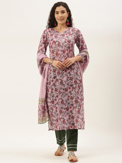 

shiloh Women Pink & Olive Green Floral Print Kurta with Trousers & Dupatta