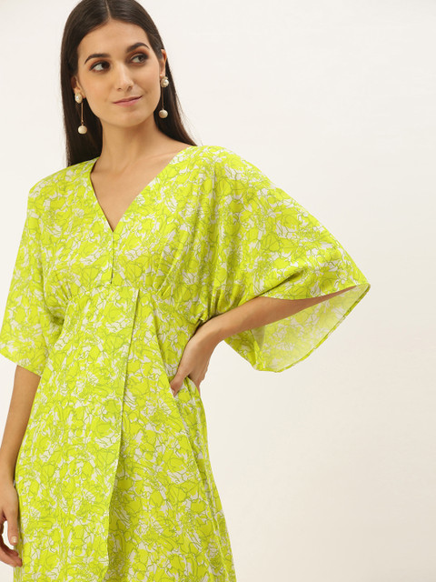 

MELOSO Women Lime Green & White Abstract Print Midi Wrap Dress