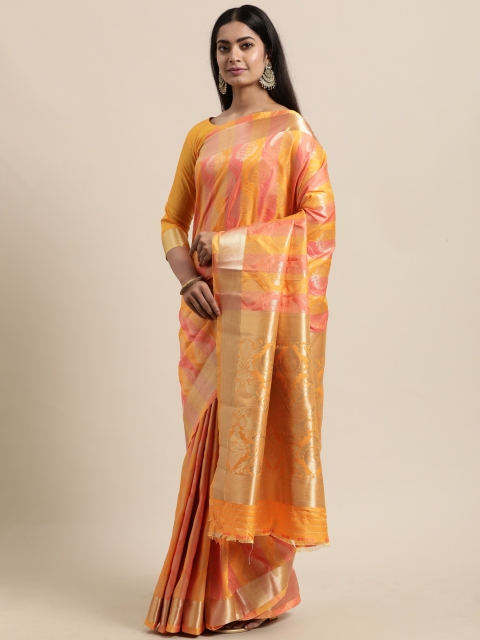 

Mitera Yellow & Gold-Toned Ethnic Motifs Zari Jacquard Poly Silk Banarasi Saree