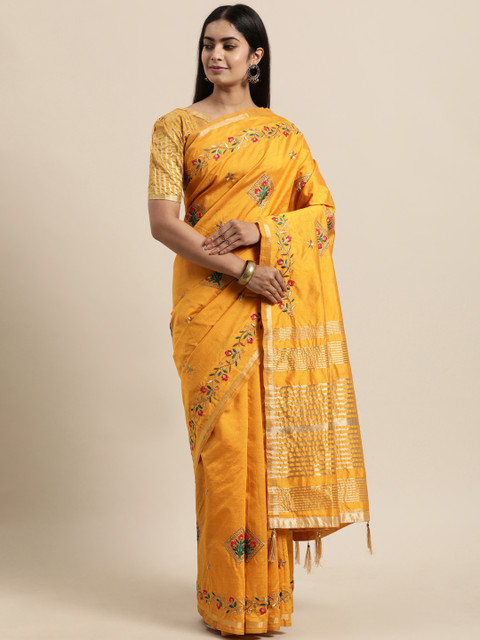 

Mitera Mustard Floral Embroidery Poly Silk Saree