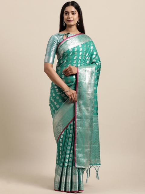 

Mitera Green & Silver-Toned Ethnic Motifs Zari Jacquard Poly Silk Banarasi Saree