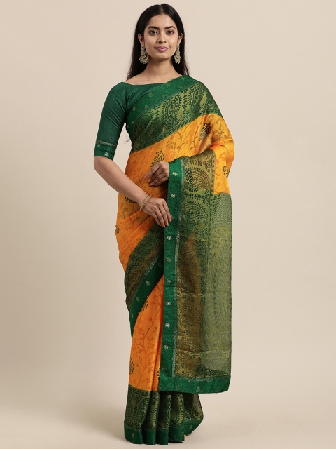 

Mitera Orange & Green Ethnic Motifs Brasso Poly Silk Saree