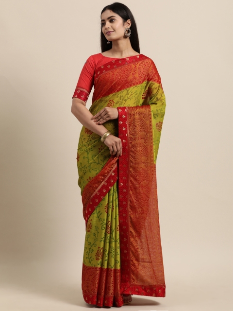 

Mitera Lime Green & Red Ethnic Motifs Poly Silk Poly Silk Brasso Saree