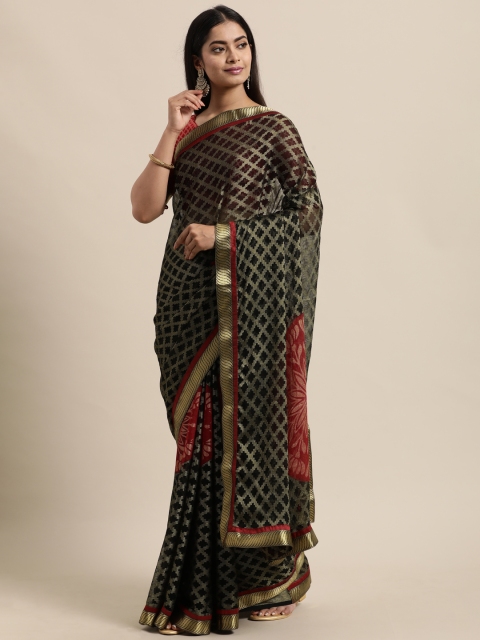 

Mitera Black & Red Woven Design Poly Silk Brasso Saree