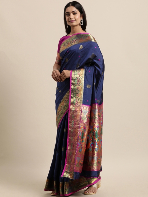 

Mitera Navy Blue & Gold-Toned Ethnic Motifs Zari Poly Silk Paithani Saree