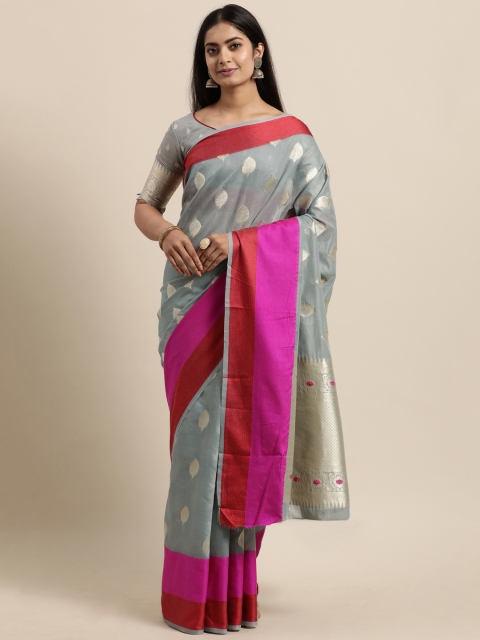 

Mitera Grey & Pink Woven Design Zari Jacquard Poly Silk Banarasi Saree