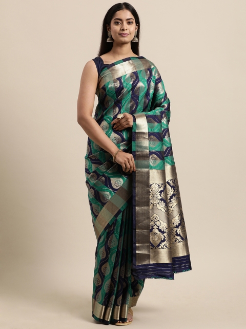 

Mitera Green & Navy Blue Ethnic Motifs Jacquard Poly Silk Banarasi Saree
