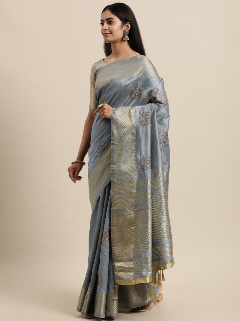 

Mitera Grey Ethnic Motifs Embroidery Poly Silk Saree