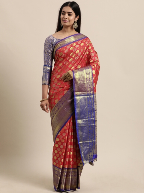 

Mitera Red & Gold-Toned Woven Design Zari Poly Silk Banarasi Saree