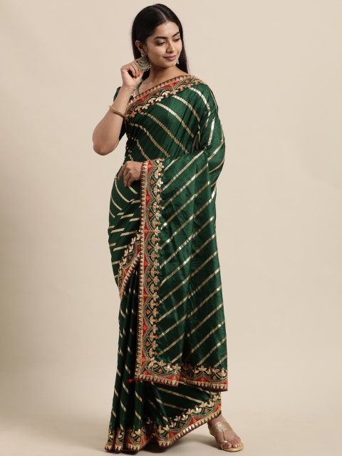 

Mitera Green & Gold-Toned Leheriya Foil Print Poly Silk Saree