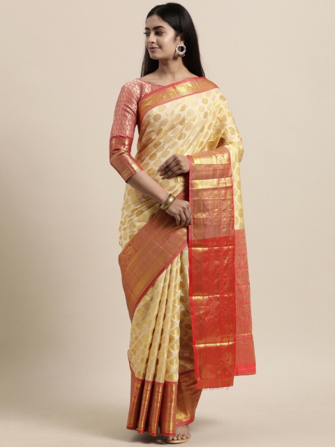 

Mitera Cream-Coloured & Gold-Toned Woven Design Poly Silk Banarasi Saree