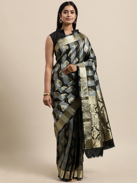 

Mitera Black & Gold-Toned Ethnic Motifs Jacquard Poly Silk Banarasi Saree