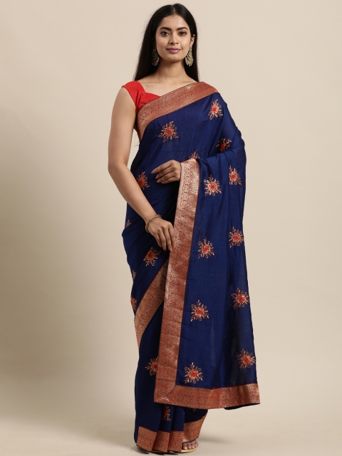 

Mitera Navy Blue Floral Embroidered Poly Silk Saree