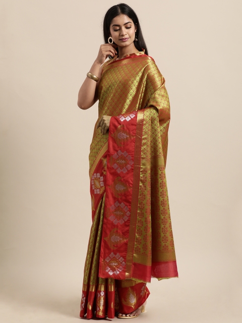

Mitera Gold-Toned & Red Ethnic Motifs Zari Poly Silk Saree