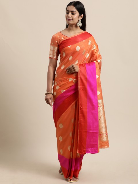 

Mitera Peach-Coloured & Gold-Toned Woven Design Jacquard Poly Silk Banarasi Saree