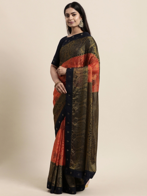 

Mitera Red & Navy Blue Ethnic Motifs Poly Silk Brasso Saree