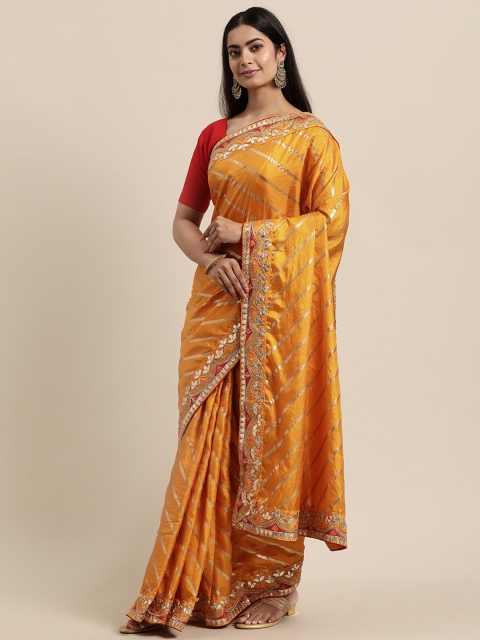 

Mitera Orange & Gold-Toned Leheriya Foil Printed Poly Silk Saree
