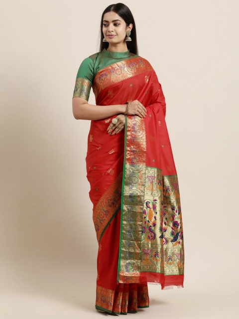 

Mitera Red & Gold-Toned Ethnic Motifs Jacquard Poly Silk Saree Paithani Saree