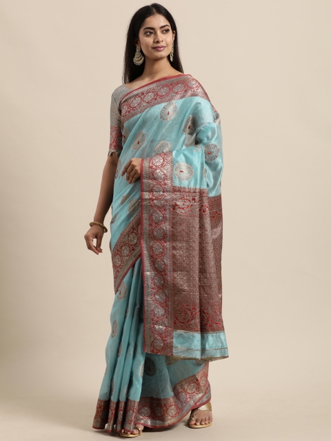 

Mitera Turquoise Blue Ethnic Motifs Jacquard Poly Silk Banarasi Saree