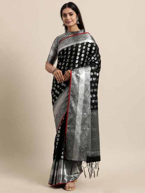 

Mitera Black & Silver-Toned Ethnic Motifs Zari Jacquard Poly Silk Banarasi Saree