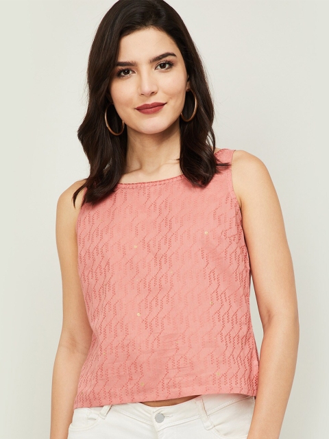 

Colour Me by Melange Coral Self Design Sleeveless Cropped Regular Top