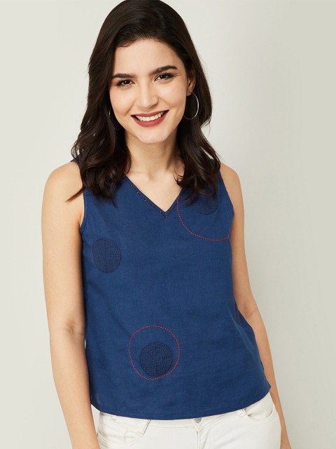 

Colour Me by Melange Blue Geometric Embroidered Regular Top
