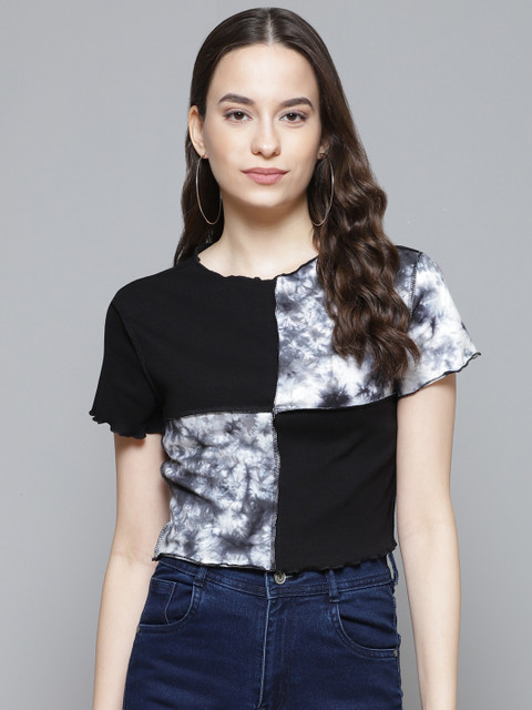 

VividArtsy Women Black & Grey Colourblocked T-shirt