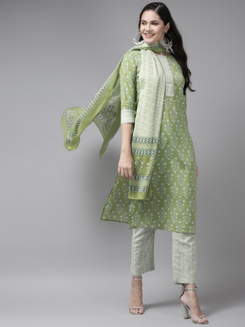 

Yufta Women Green & White Ethnic Motifs Printed Kurta with Trousers & Dupatta